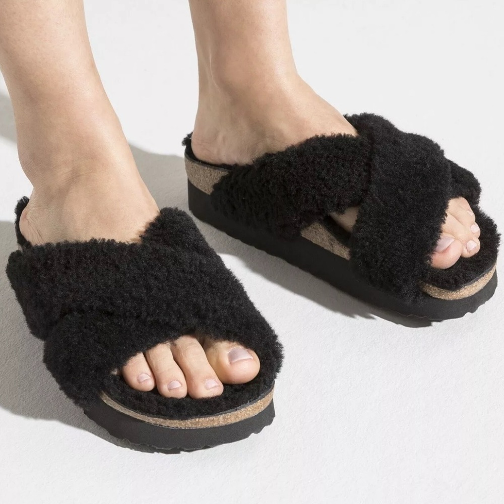NEW! BIRKENSTOCK Papillio Daytona‎ Shearling Teddy Sandals Black 38 / 7 US